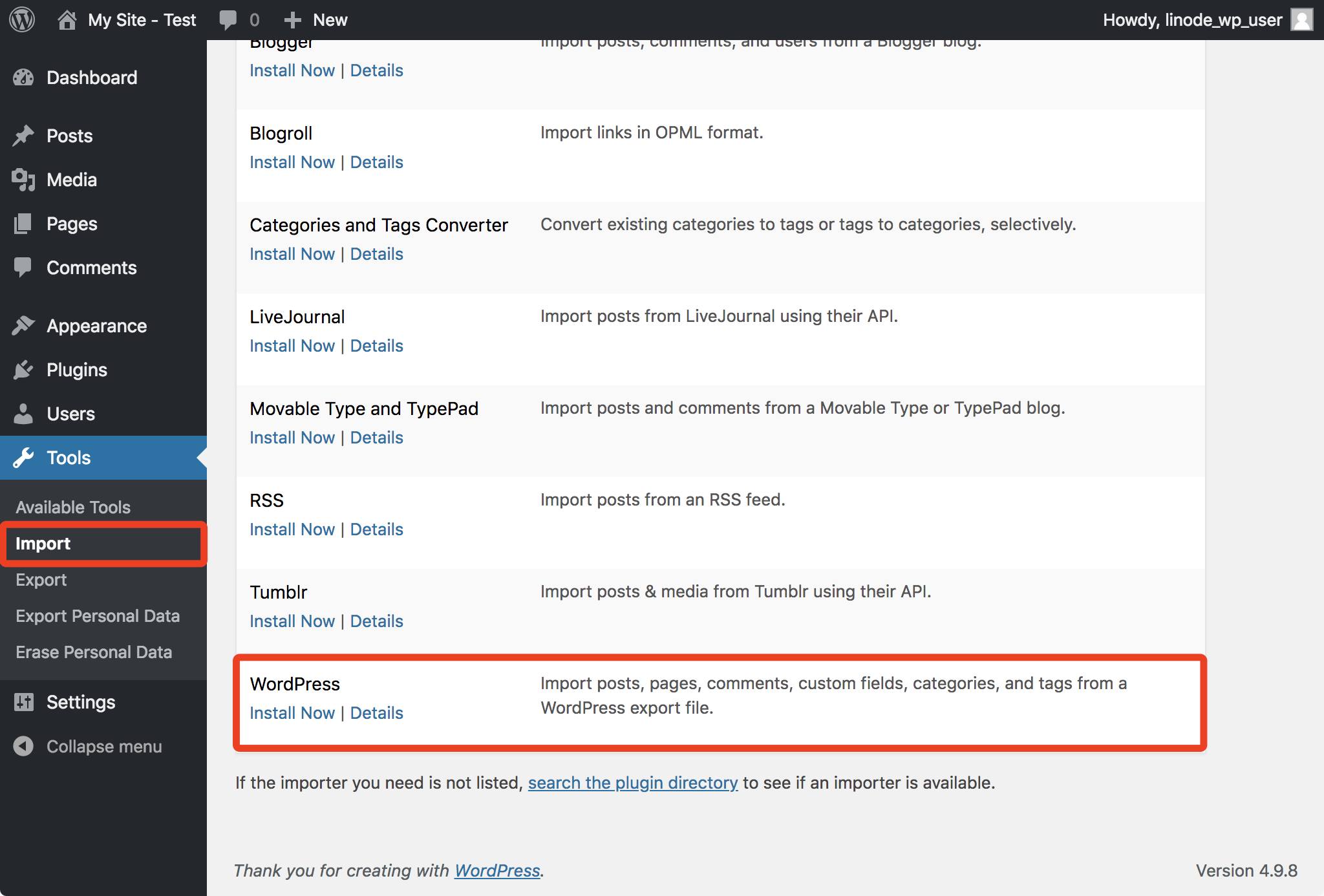 WordPress Importer plugin. WordPress Tools Page