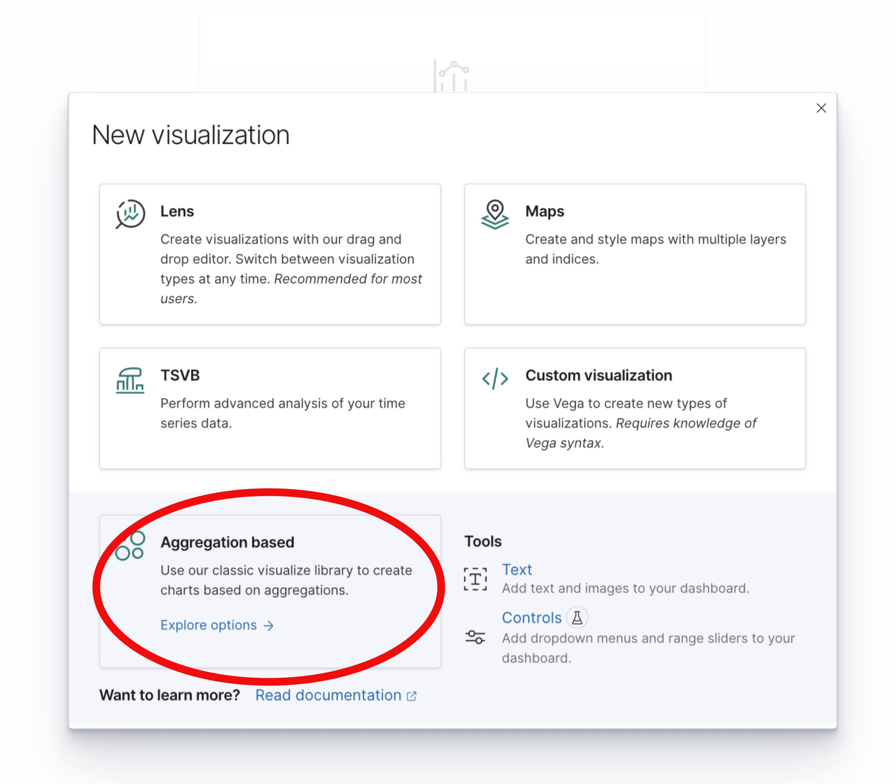 Kibana 7 New Visualization Prompt with Select Aggregation Based Button Highlighted Kibana 7 New Visualization Prompt with Select Aggregation Based Button Highlighted